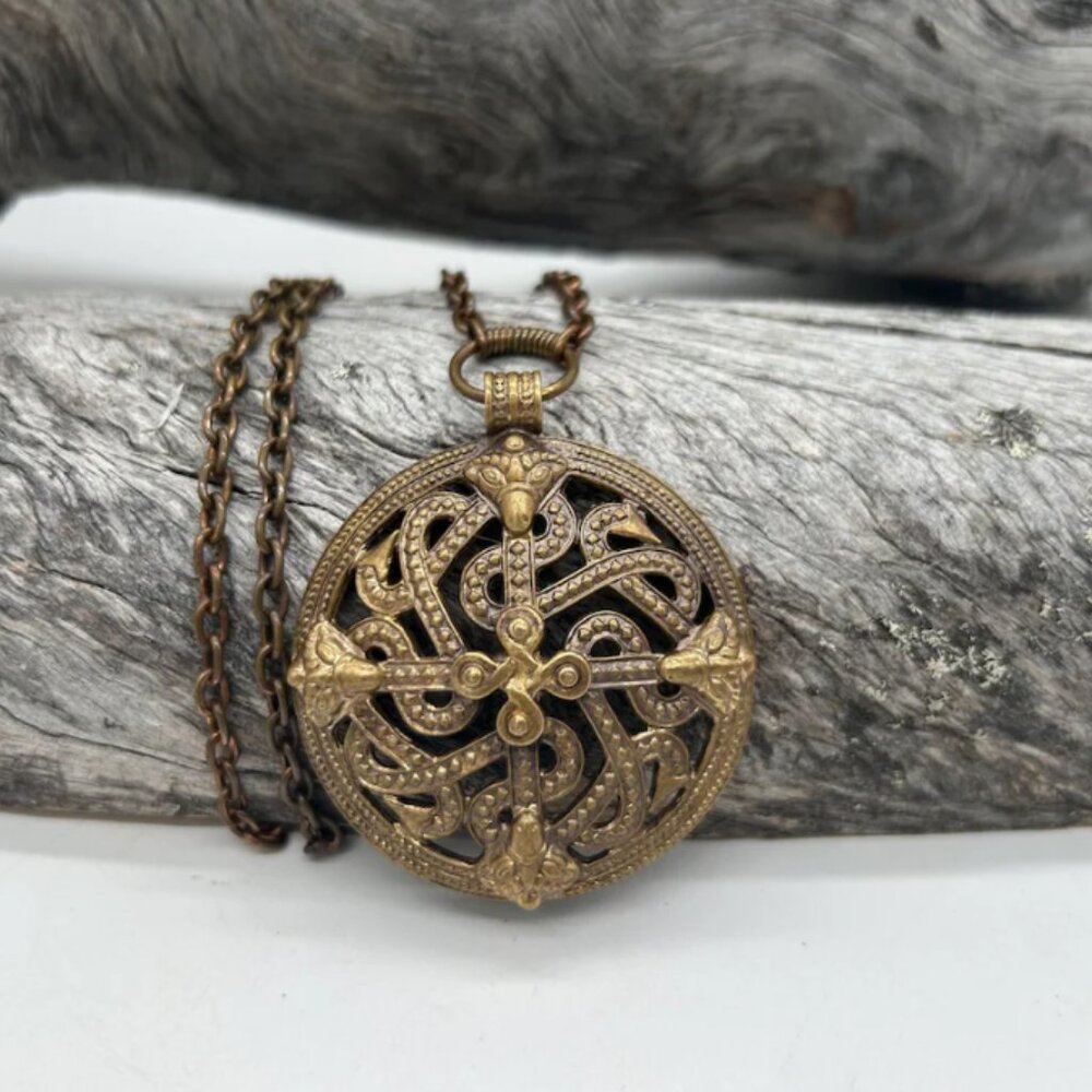 Vintage Kalevala Koru Bronze Necklace: Midgard Serpent Viking Cross